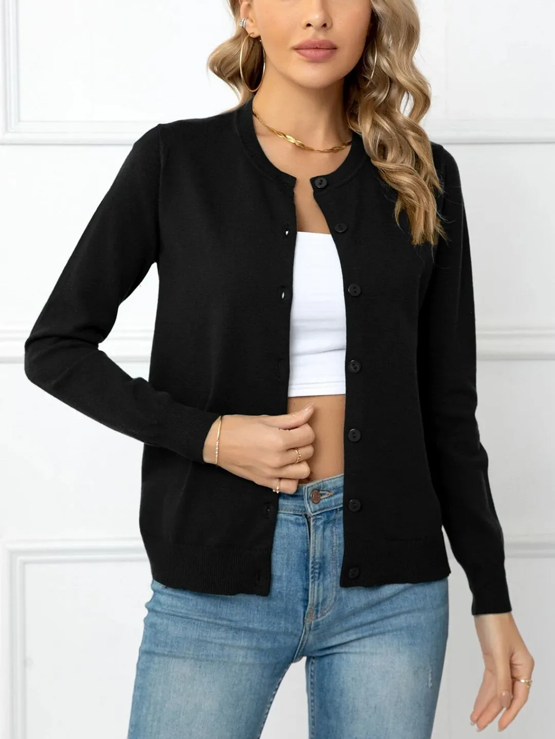 Nigikala Nigikala And Autumn Solid Color Round Collar Single Buckle Sweater Coat Casual Long-Sleeved Knitted Shirt Woman