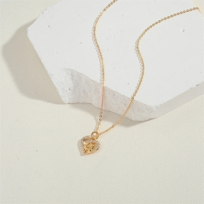 Copper 14K Gold Plated Vintage Style Minimalist Lips Heart Shape Bird Hollow Out Inlay Zircon Pendant Necklace