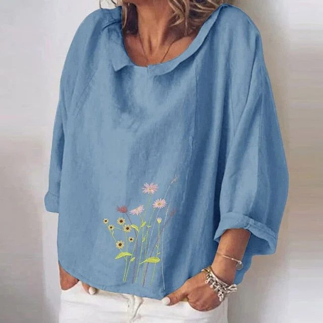 Cotton Linen Women Blouses Summer Long Sleeve Florals Animal Print Blouse Shirts Turn-down Collar Loose Female Blusa Tosp 5XL