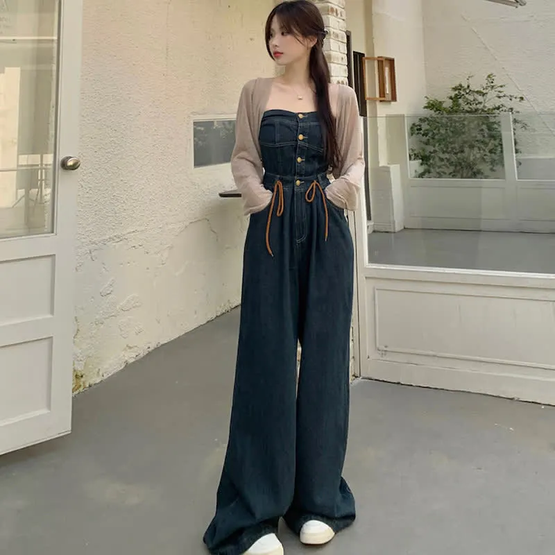 Pure Color Knit Cardigan Off The Shoulder Lace Up Denim Overalls