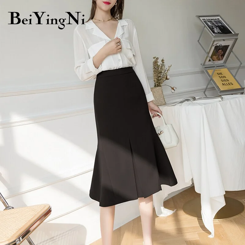 Beiyingni Irregular High Waist Skirts Womens 2021 Spring Summer Black Elegant Office Ladies Skirt for Woman Fashion Faldas Femme