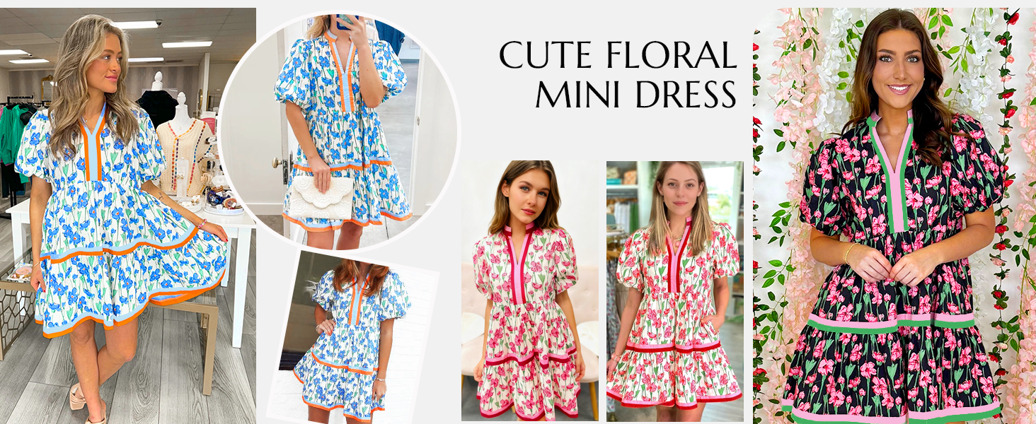 Cicy Bell Womens V Neck Floral Mini Dress Short Puff Sleeve Patchwork Summer Casual Boho Dresses