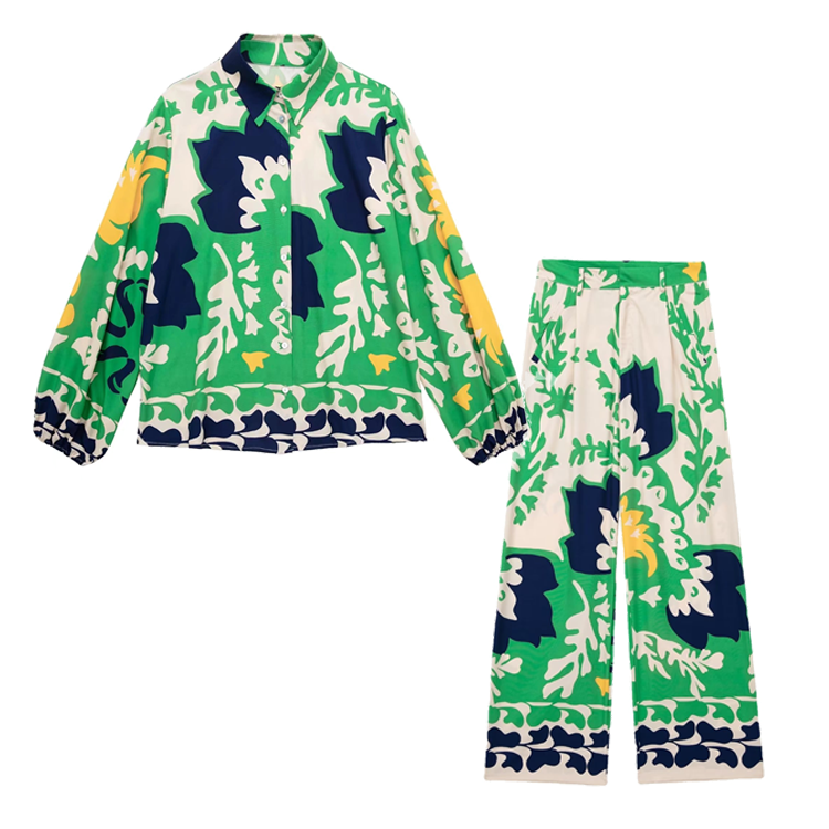 Flaxmaker Long Sleeve Printed Shirt and Pant Two Piece Set