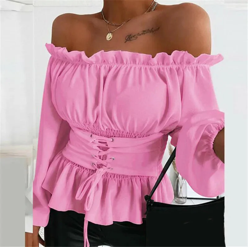 Oocharger Women's Blouse Off Shoulder Lace-up Ruffles Slim Pink Blouses And Tops 2024 Spring Autumn Woman White Casual Shirt Top