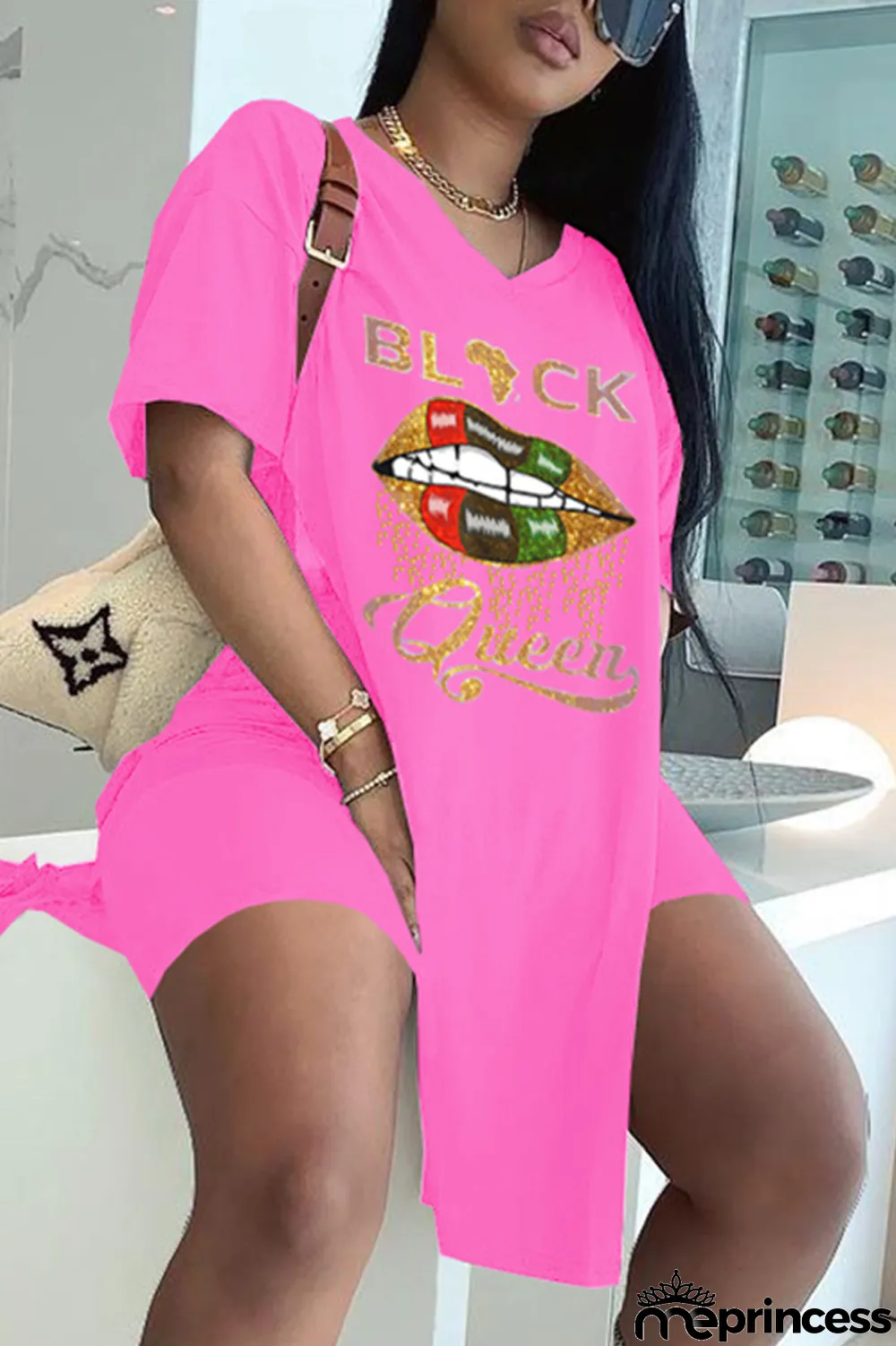 Rose Red Fashion Casual Letter Lips Printed Slit V Neck Two Pieces