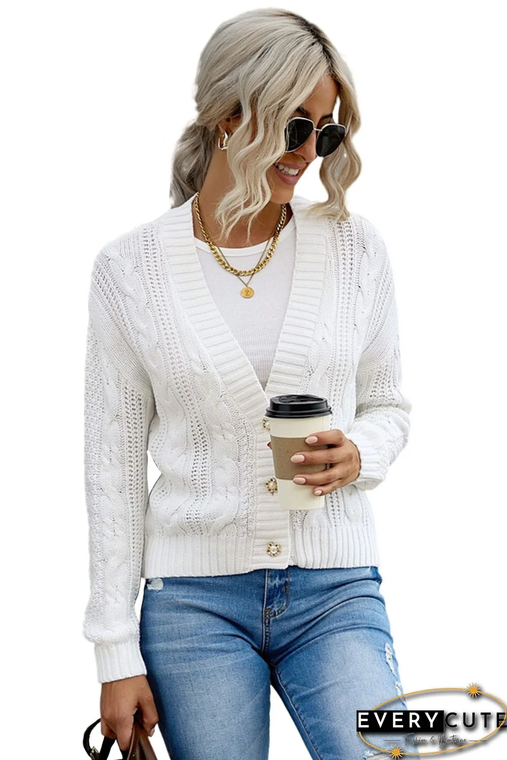 White Buttons Weave Knit Cardigan