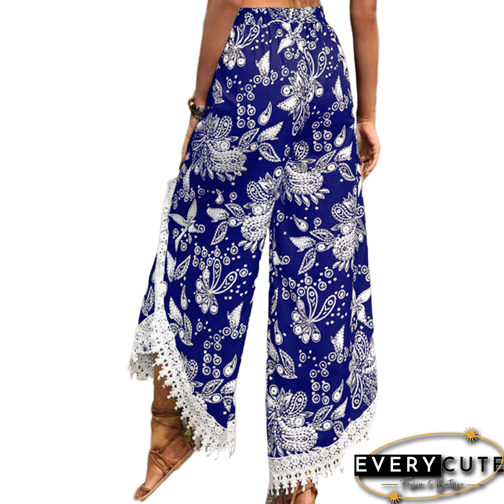 Blue Floral Print Spliced Casual Pants