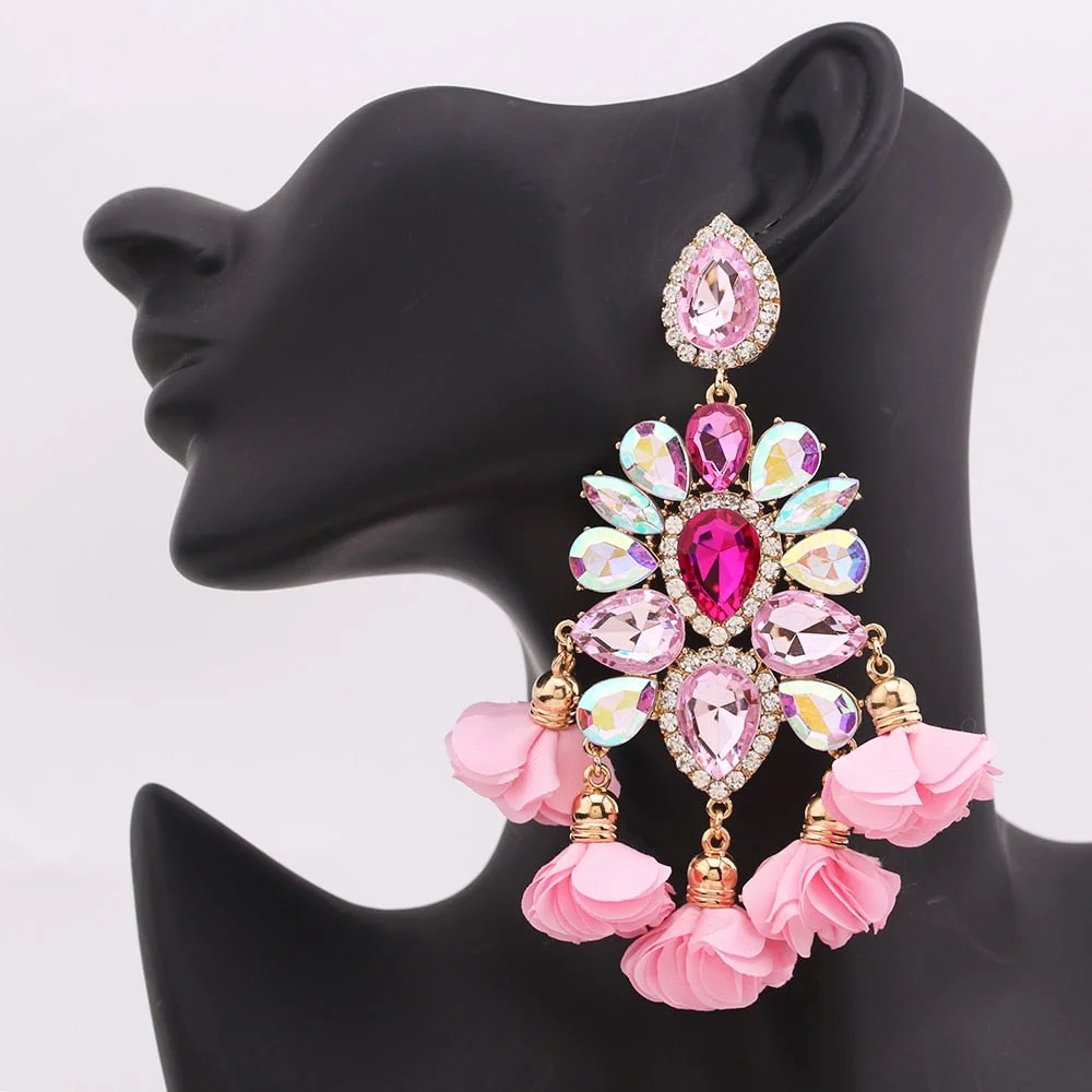 Xpoko Aretes India Earrings Women Rhinestones Pendant Crystal Statement Earrings For Women Flower Tassel Earring Fashion Jewelry Gifts