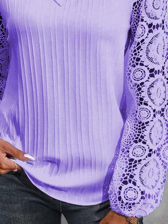 Women Long Sleeve V-neck Solid Lace Tops