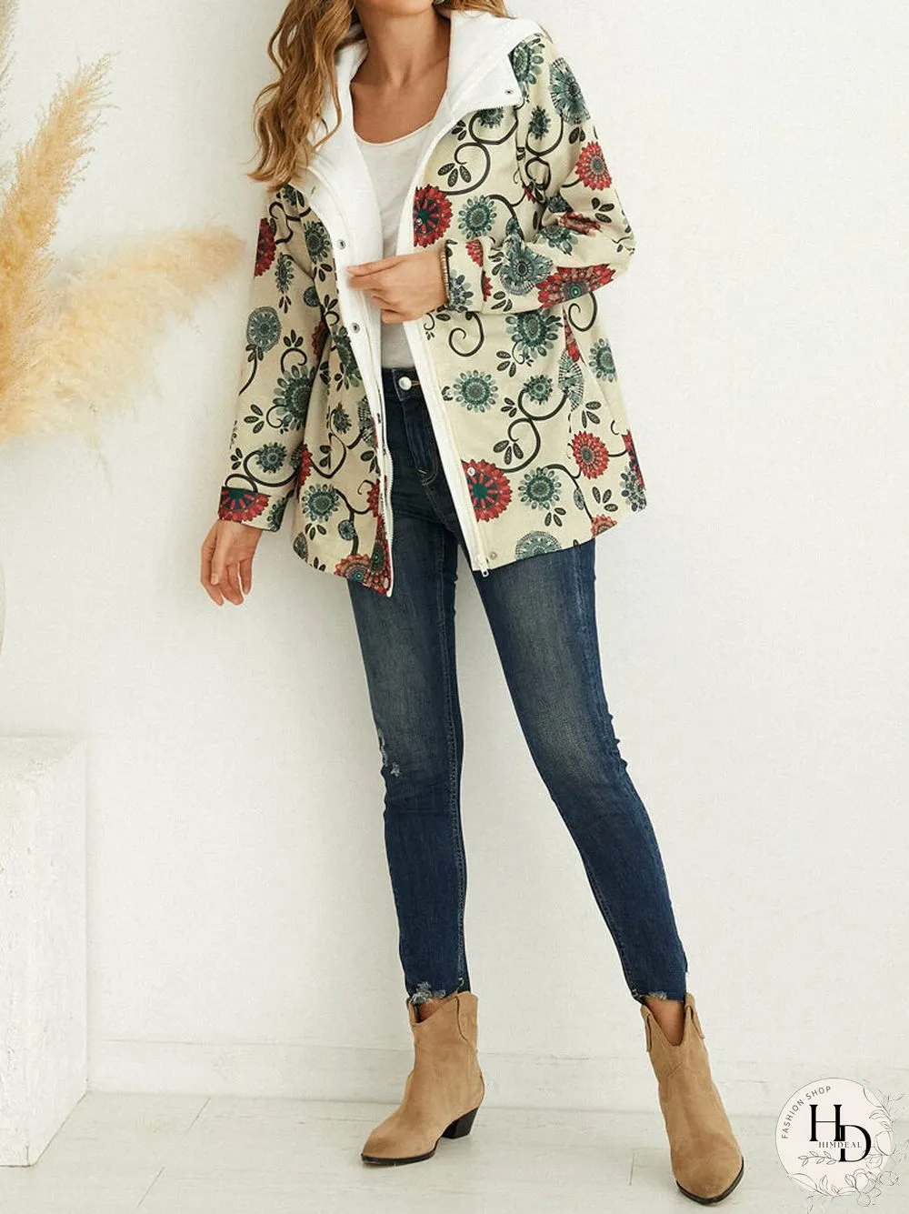 Flower Print Button Pocket Hooded Casual Jacket for Women