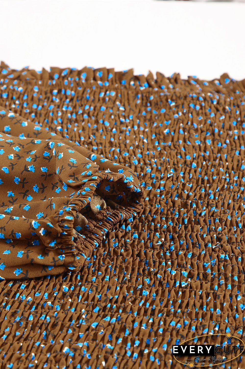 Khaki Square Neck Puff Sleeve Floral Smocked Top