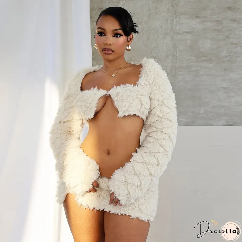 Autumn And Winter Mint Green Long Sleeve Fur Coat Short Skirt Two Piece Set