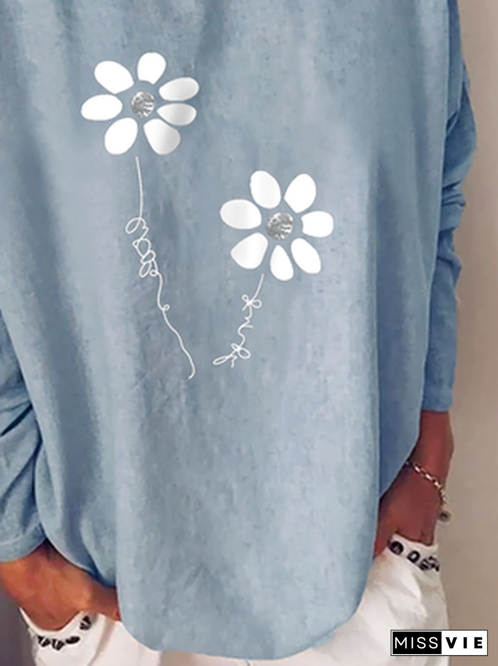 Casual Floral Autumn Loose Jersey Long sleeve Crew Neck H-Line Regular Size Sweatshirts for Women