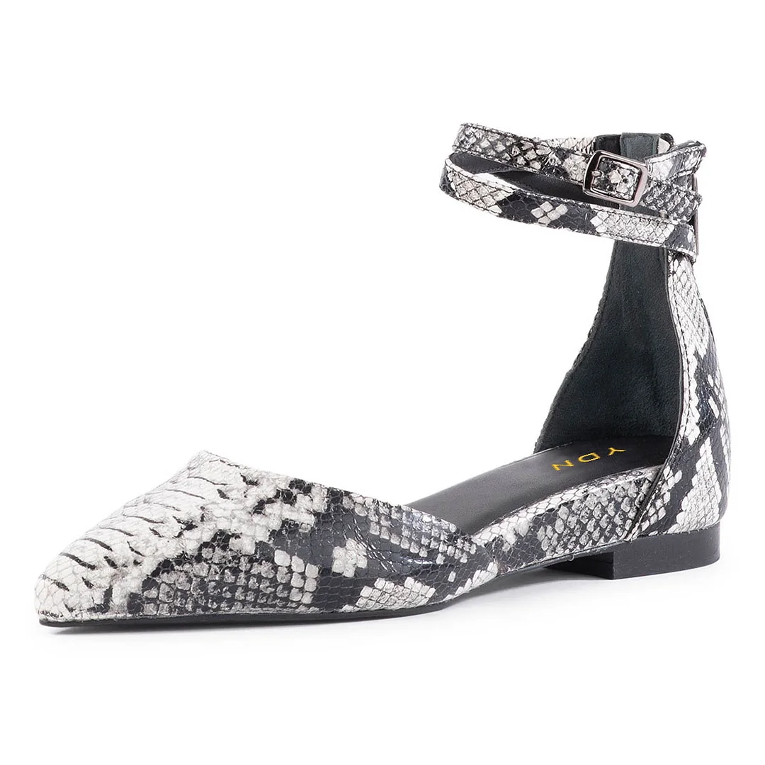 Black & White Pointed Toe Snakeskin Print Flats with Ankle Strap