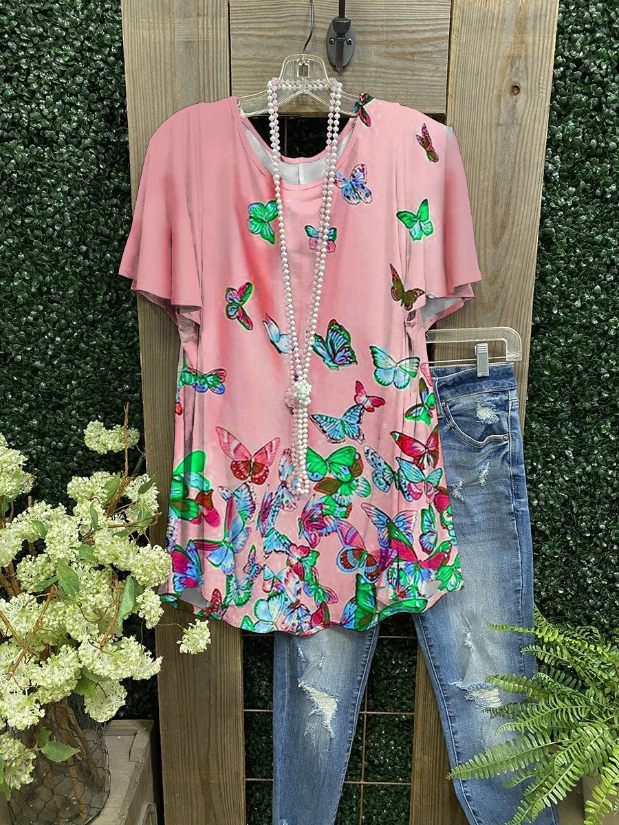 Comfortable Butterfly Print Short Sleeves