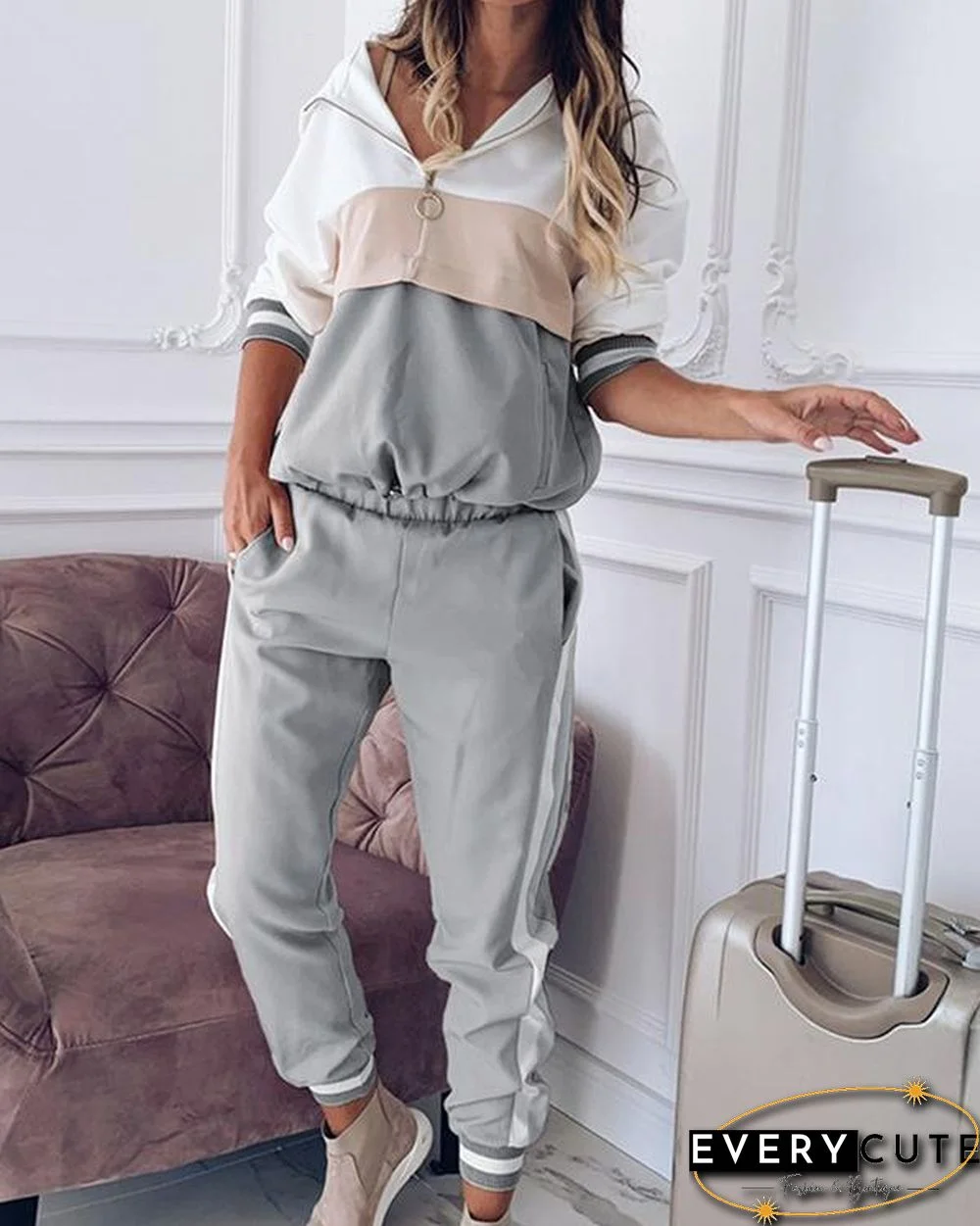 Casual Color Block Zipper Hoodie Sweatshirt&Pants Set