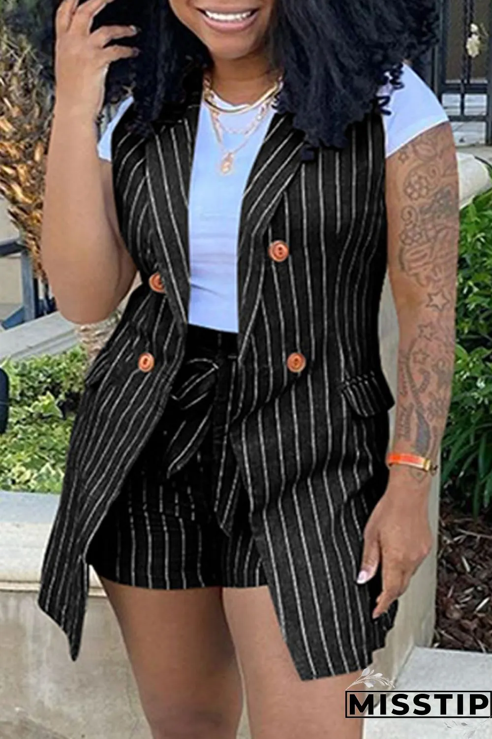 Khaki Fashion Casual Striped Print Patchwork Cardigan Turndown Collar Plus Size Two Pieces (Without T-shirt)
