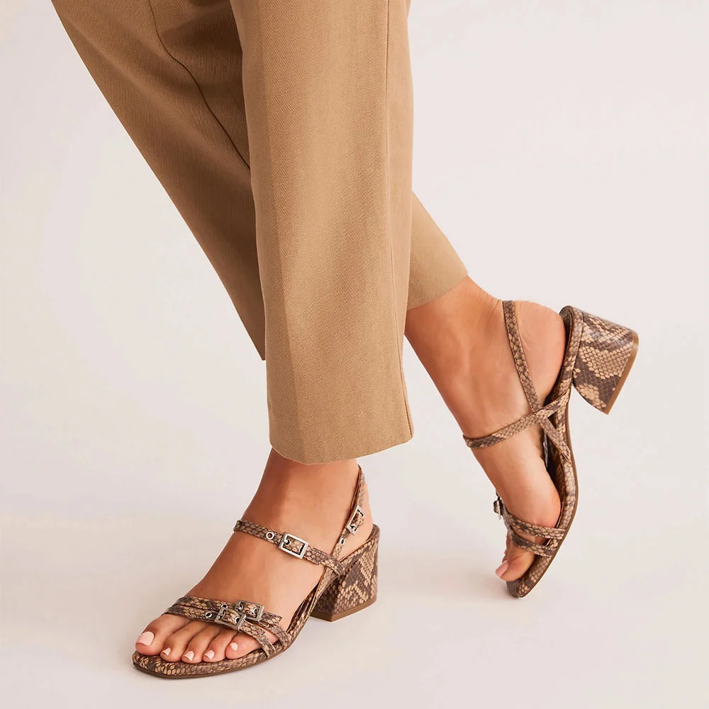 Taupe Square Toe Snakekin Print Buckle Strappy Women's Heel Sandals