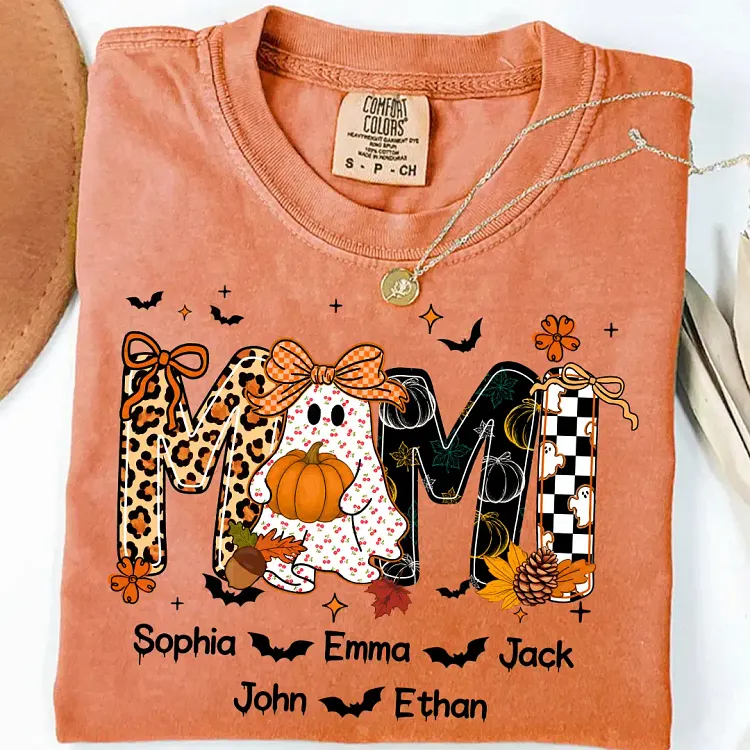 Personalized Mom Halloween Ghost Shirt with Kids&rsquo; Names