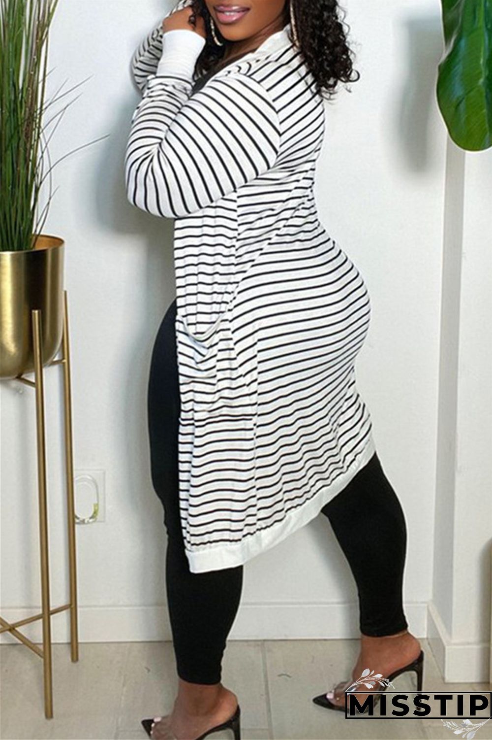 Burgundy Fashion Casual Striped Print Cardigan Outerwear