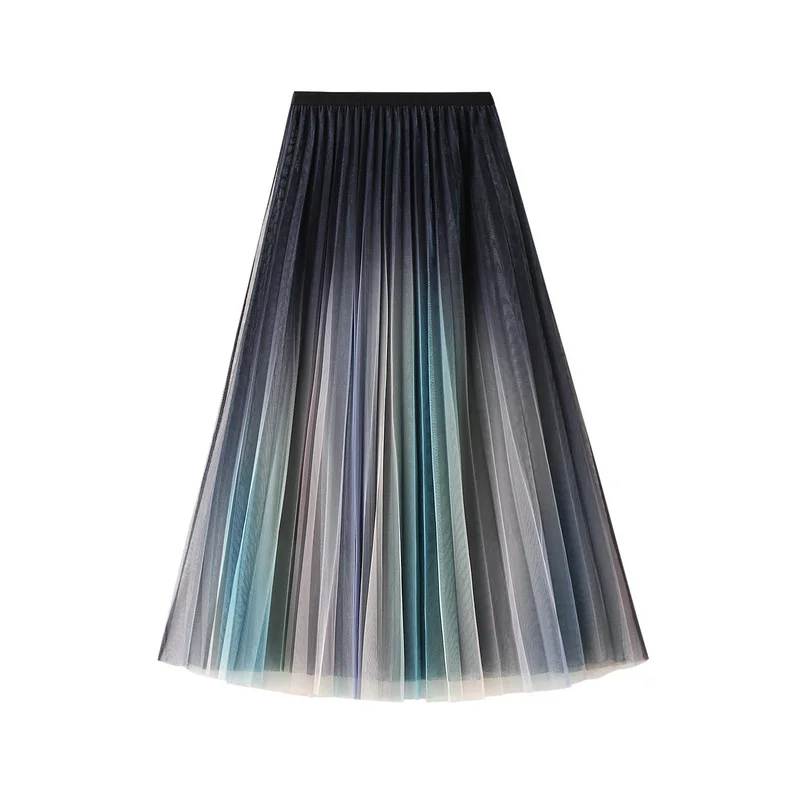 Nigikala Nigikala New High-Rise Display Thin Double-Layer Mesh Yarn Gradually Changing Color Bright Color Long Skirt 2023 Spring And Summer Women 0859