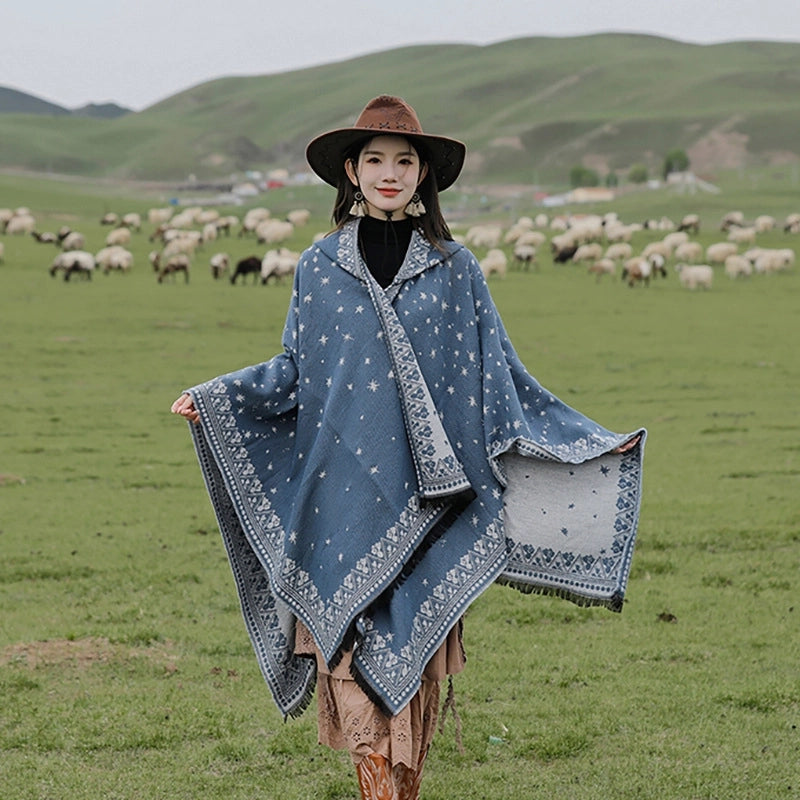 Ethnic Style Hooded Shawl Cloak Lijiang Xinjiang Tibet Northwest Tourism Wear Photograph Warm Outer Cape