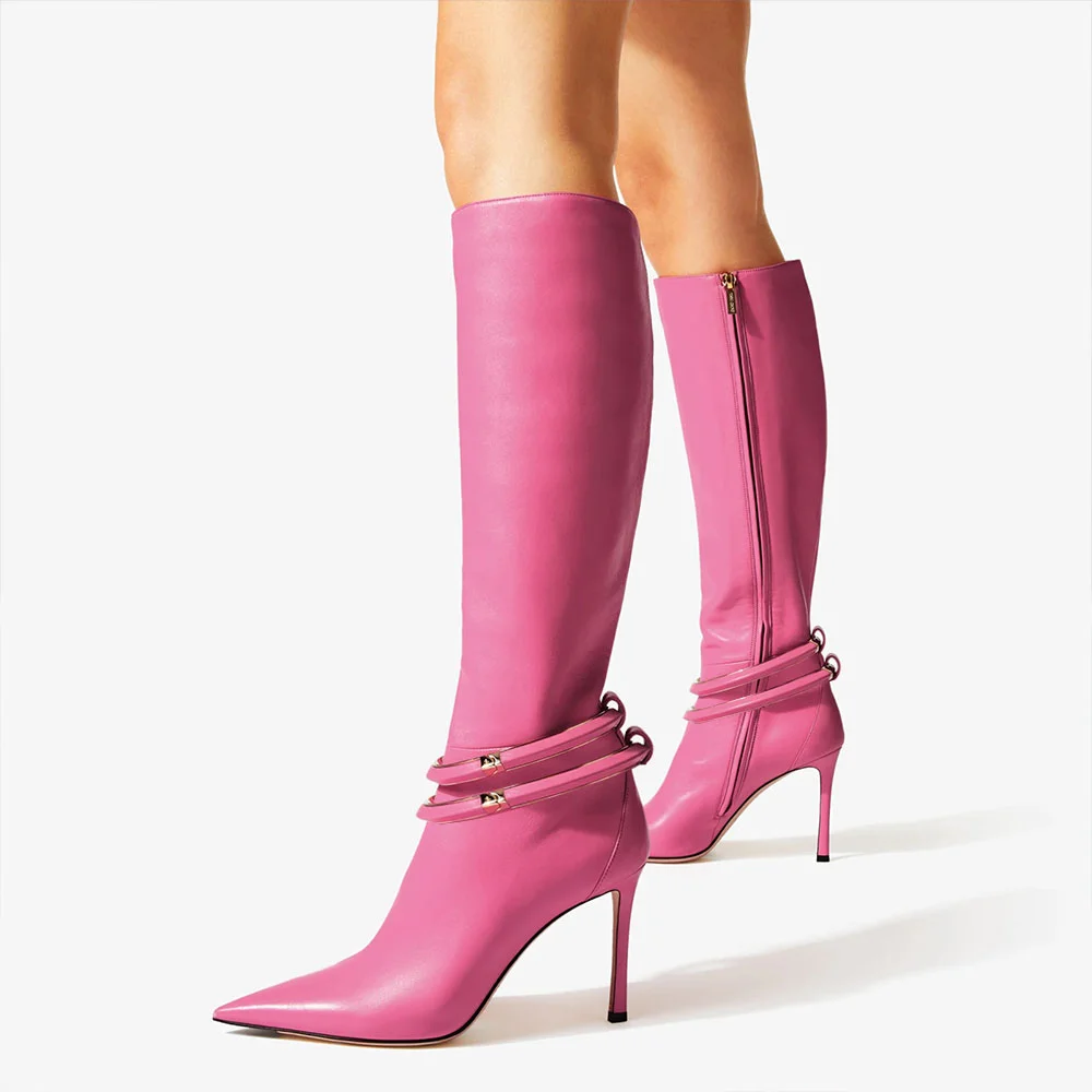 Pink Leather Knee Boots Pointed Toe Stiletto Knee Boots Nicepairs
