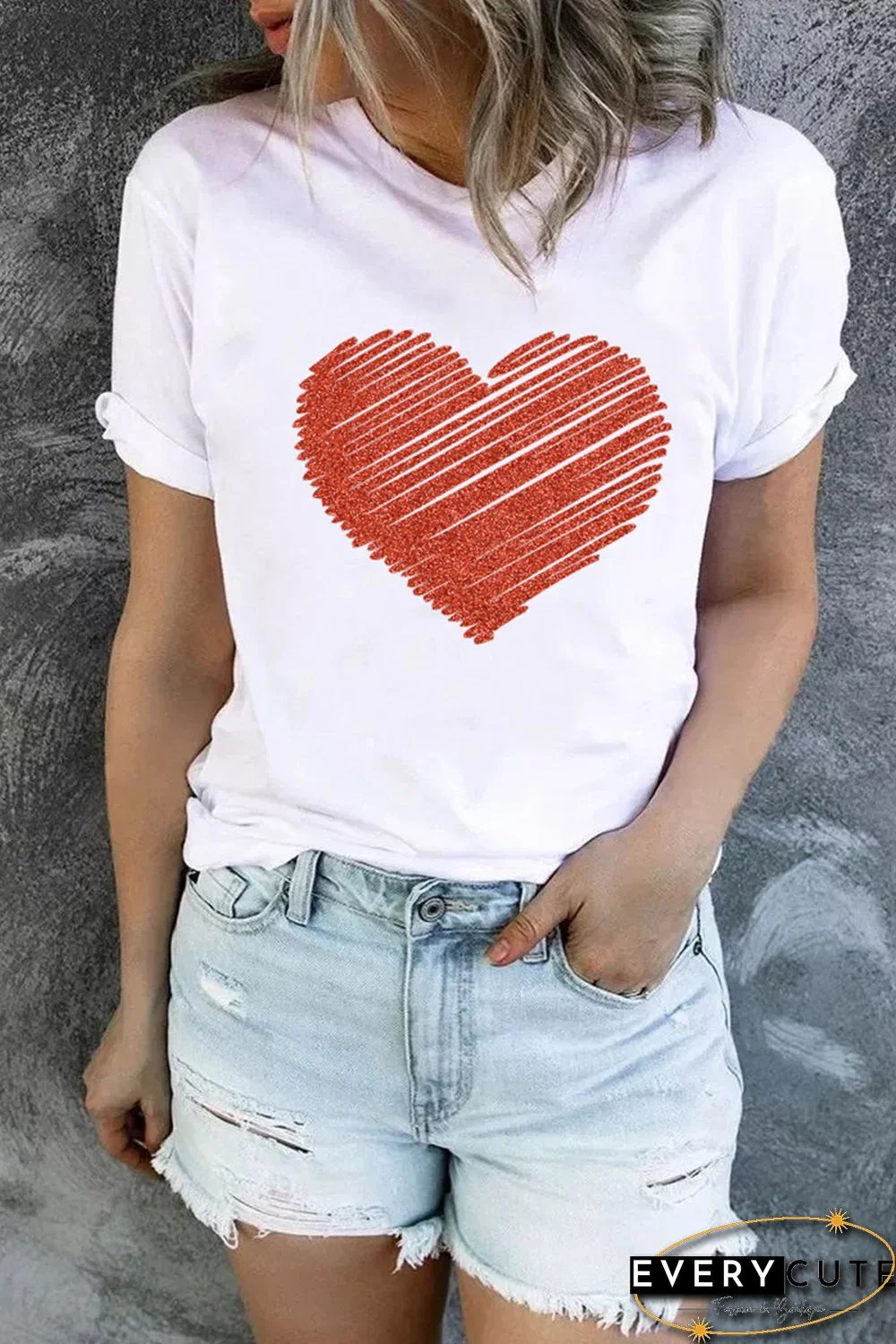 White Heart Shape Glitter Patter Print Short Sleeve T Shirt