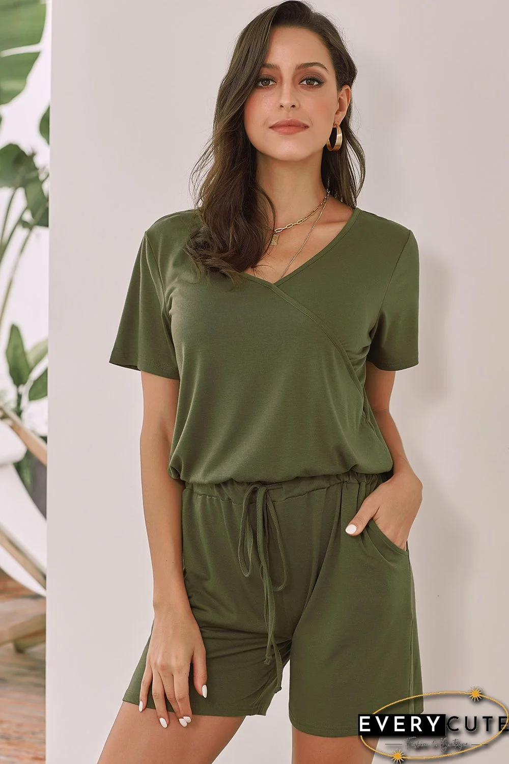 Green Casual Loose Short Sleeve Romper with Pockets