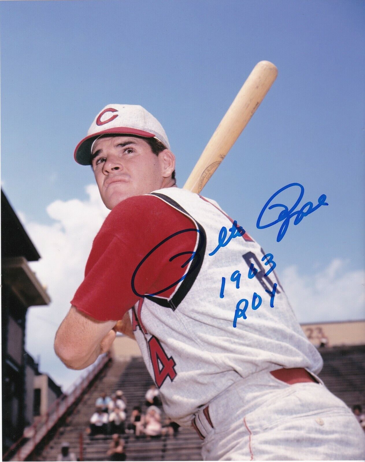 PETE ROSE CINCINNATI REDS 1963 ROY ACTION SIGNED 8x10