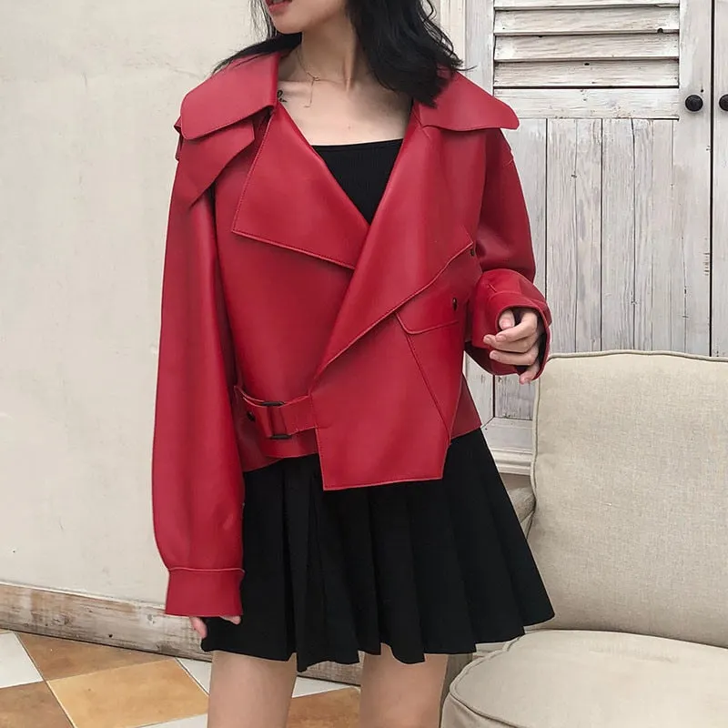Ailegogo Women Faux Leather Jacket Soft Loose Vintage Biker Coat Short Pockets Motor PU Black Jacket Autumn Street Leather Coat