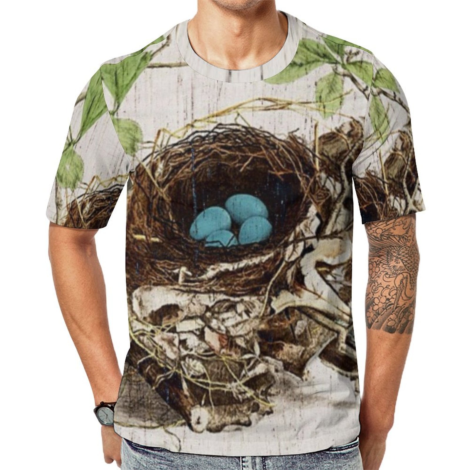 Script Ephemera Bird Nest French Botanical Short Sleeve Print Unisex Tshirt Summer Casual Tees for Men and Women Coolcoshirts