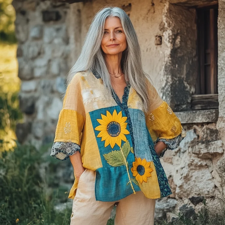Bohemian Sunflower Linen Floral Art Print Long Sleeve V-neck Shirt