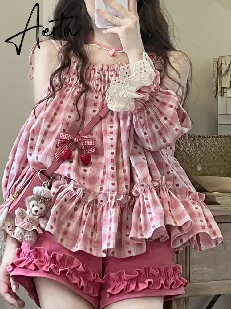 Aiertu Sweet Pink Print Tops Women Japanese Kawaii Lolita Wide Leg Short Sets Female Summer Off Shoulder Lace Up Blouse Two Piece Set Aiertu