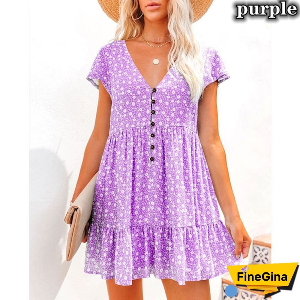 Spring Summer Dresses Plus Size Fashion Clothes Women's Casual Short Sleeve Dress Ladies Button Up Floral Flower Printed Dress Patchwork Loose Mini Pleated Dress Beach Wear Short Party Dress