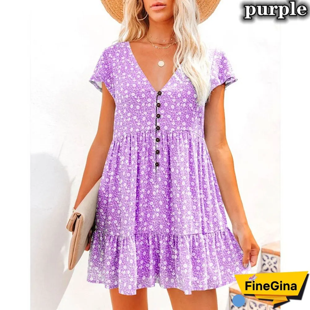 Spring Summer Dresses Plus Size Fashion Clothes Women's Casual Short Sleeve Dress Ladies Button Up Floral Flower Printed Dress Patchwork Loose Mini Pleated Dress Beach Wear Short Party Dress