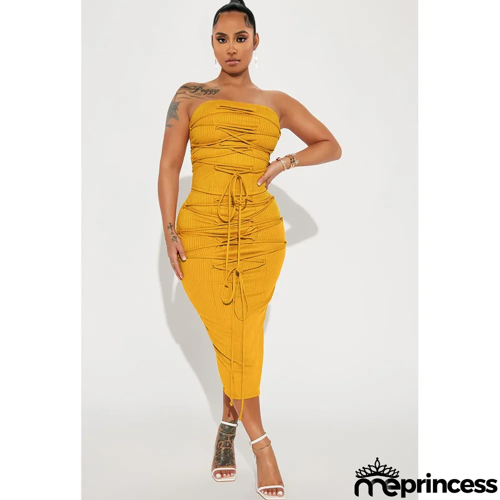Women's Sexy Ribbed Lace-Up Strapless Dress Set