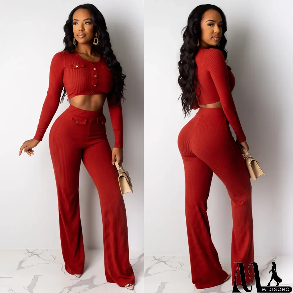 MidiSono - Pit Stripes Long-sleeved Tops Wide-legged Pants Two-piece Set