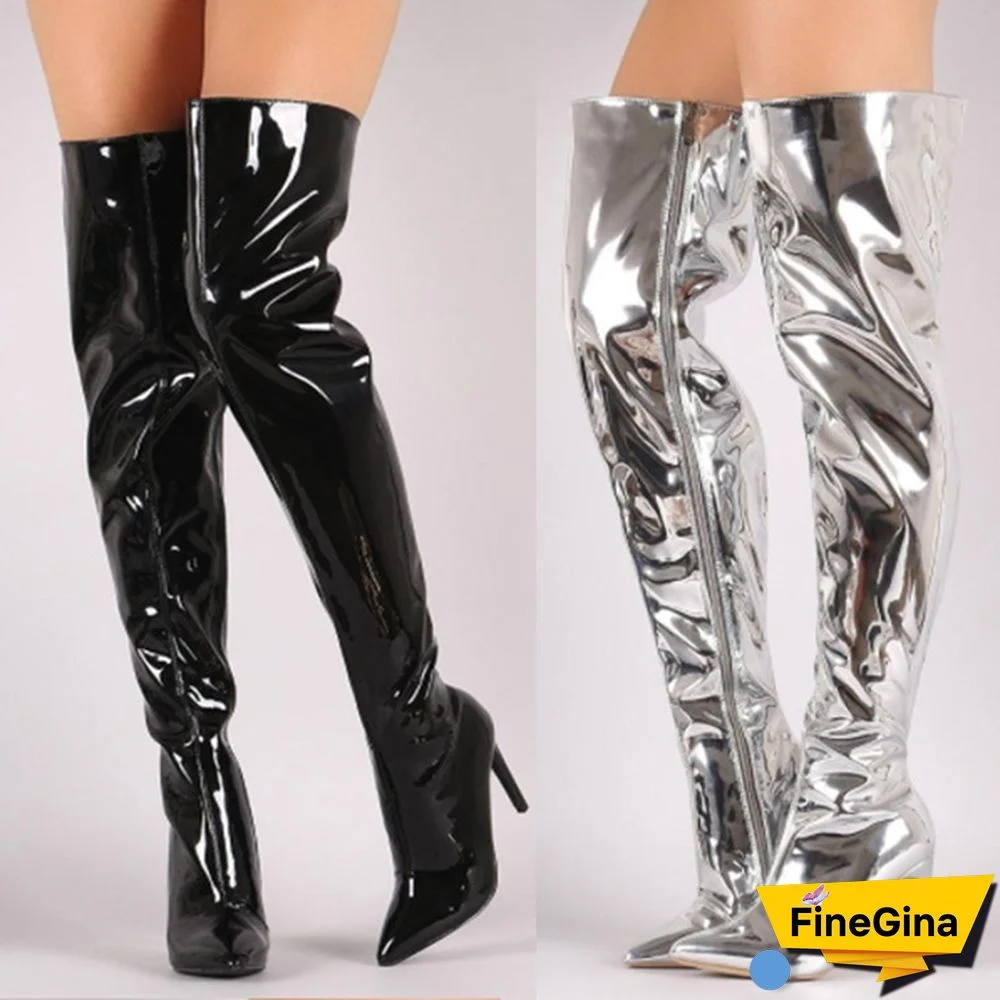 Mirror Thigh High Boots Women Show Pointed Toe Club Party Shoes Thin High Heels Over The Knee Long Boots