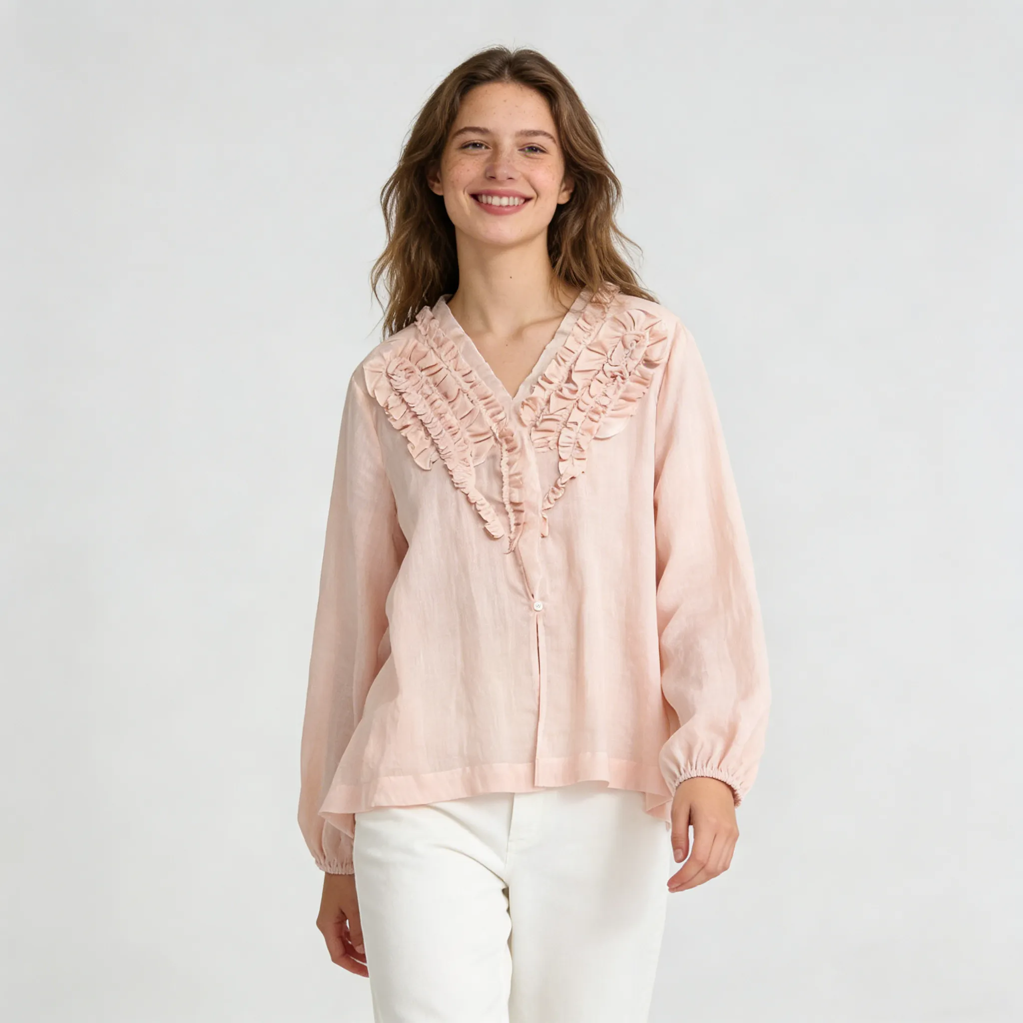 Linen Blouse Women 100% Ramie Ruffle Trim V Neck Top REAL SILK LIFE
