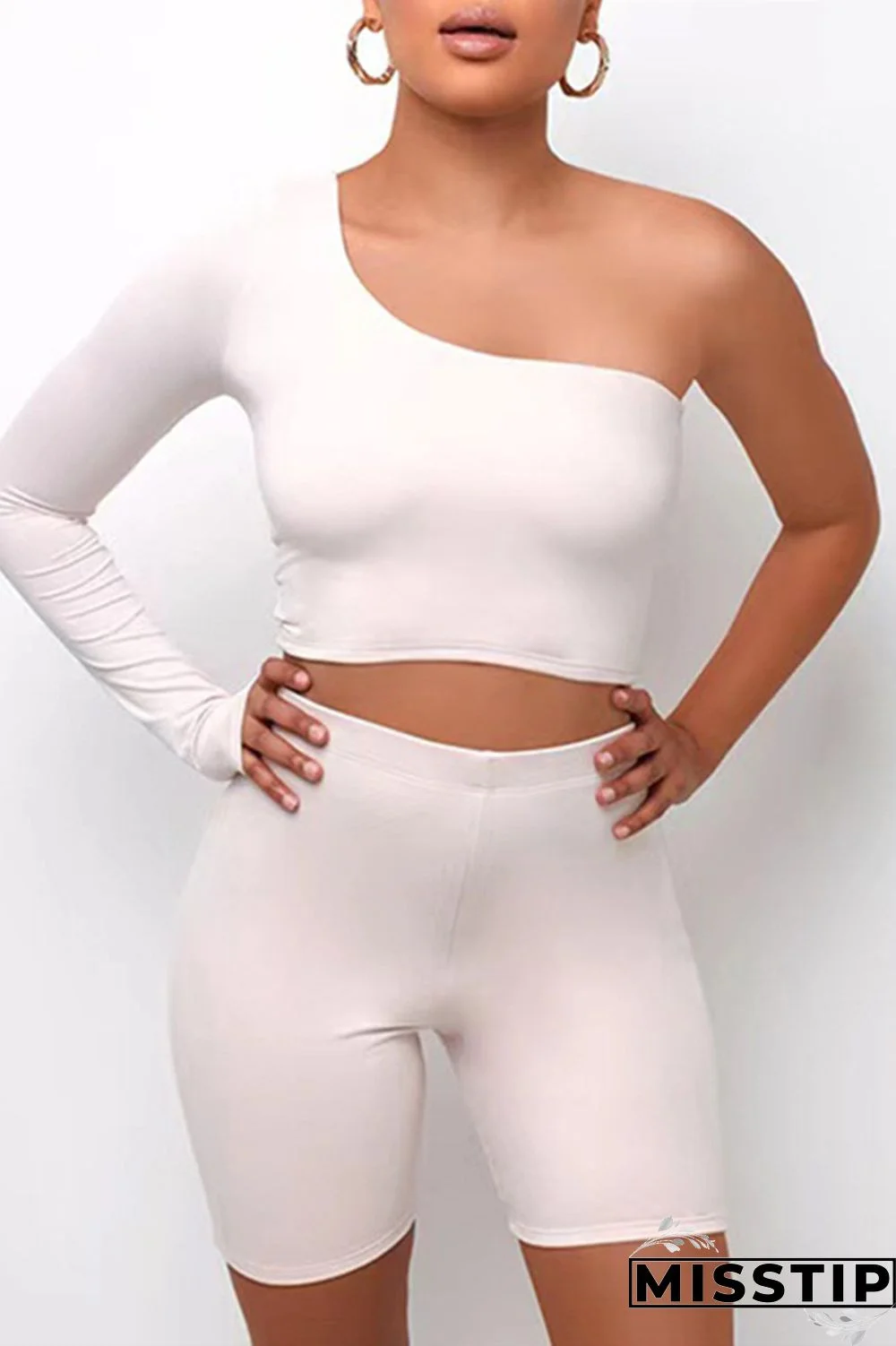 White Casual Sportswear Solid Basic Oblique Collar Long Sleeve Two Pieces