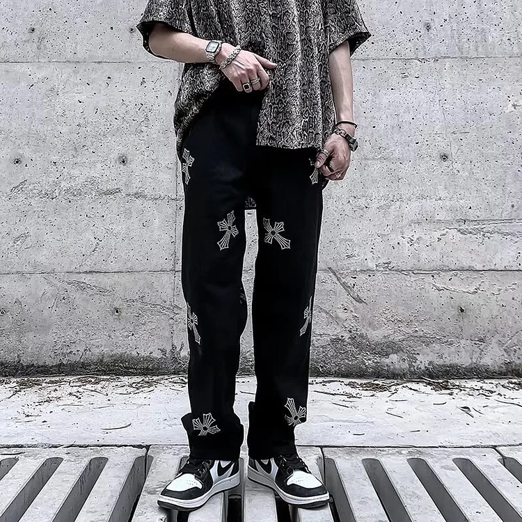 Men's High Street Vibe Cross Print Jeans Straight Pants at Hiphopee