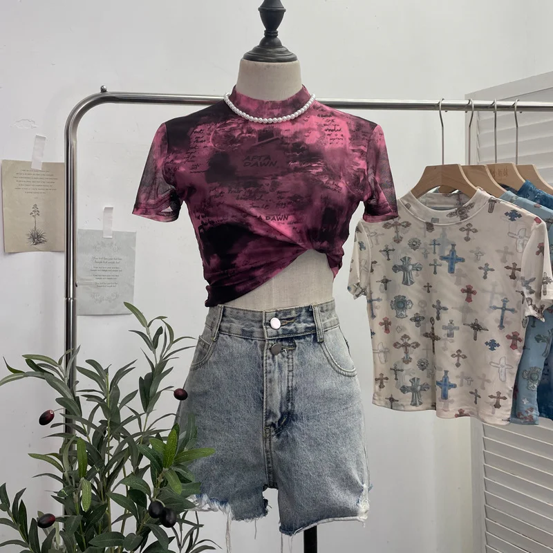 Nigikala Nigikala Shooting Retro Tie-Dye Double-Layer Mesh Half-High-Neck Short-Sleeved T-Shirt T-Shirt Short-Sleeved T-Shirted Woman 8833