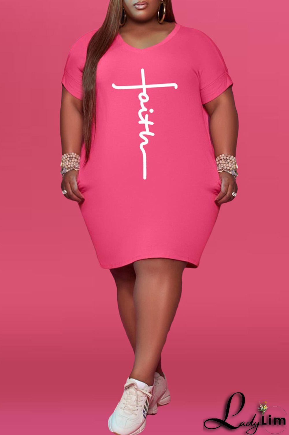 Black Fashion Casual Print Basic V Neck Short Sleeve Dress