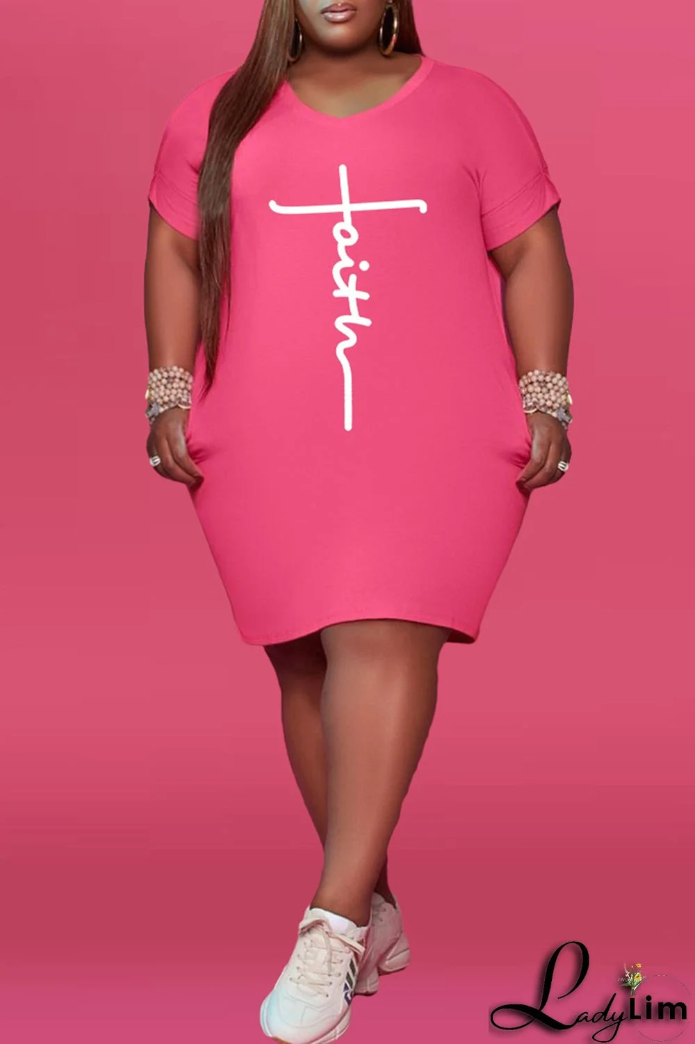 Black Fashion Casual Print Basic V Neck Short Sleeve Dress