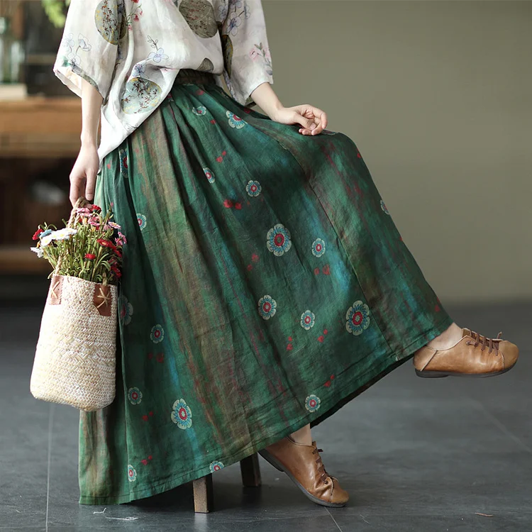 Vintage Floral Ramie Elastic Waist Skirt