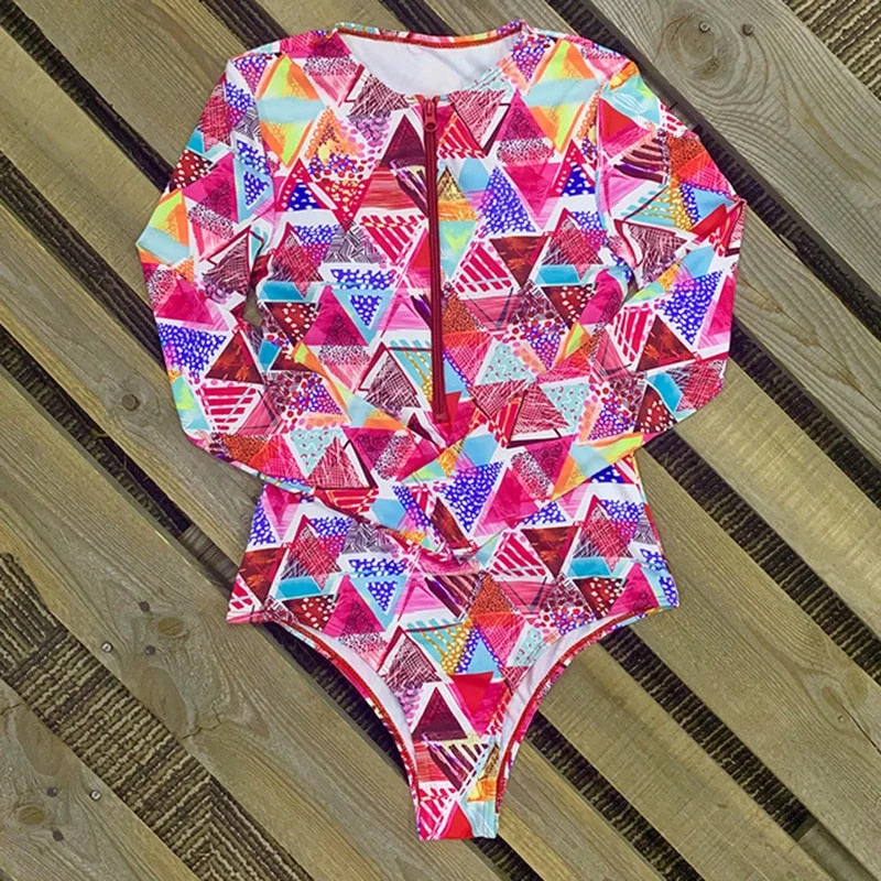 Long Sleeve Print Floral 2021 New One Piece Swimsuit Swimwear Women Zipper Bathing Suit Retro Swimsuit Vintage Surfing Swim Suit