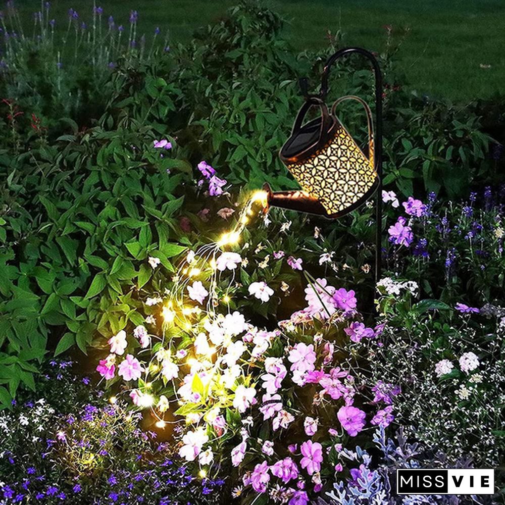 Retro Solar Watering Can Sprinkles LED Light Fairy Metal Wrought Iron Hollow Out Lamp