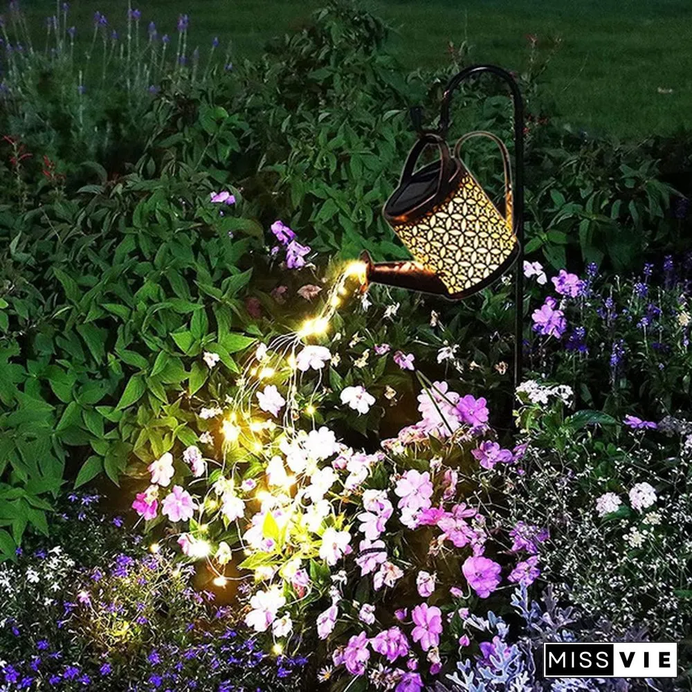 Retro Solar Watering Can Sprinkles LED Light Fairy Metal Wrought Iron Hollow Out Lamp