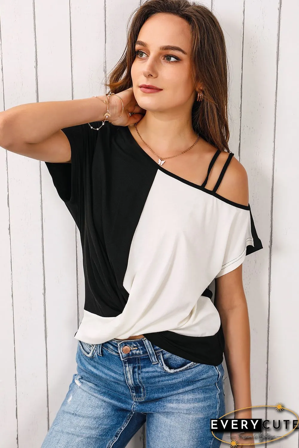 Black Asymmetric Colorblock Strappy Cold Shoulder Twist Hem Top